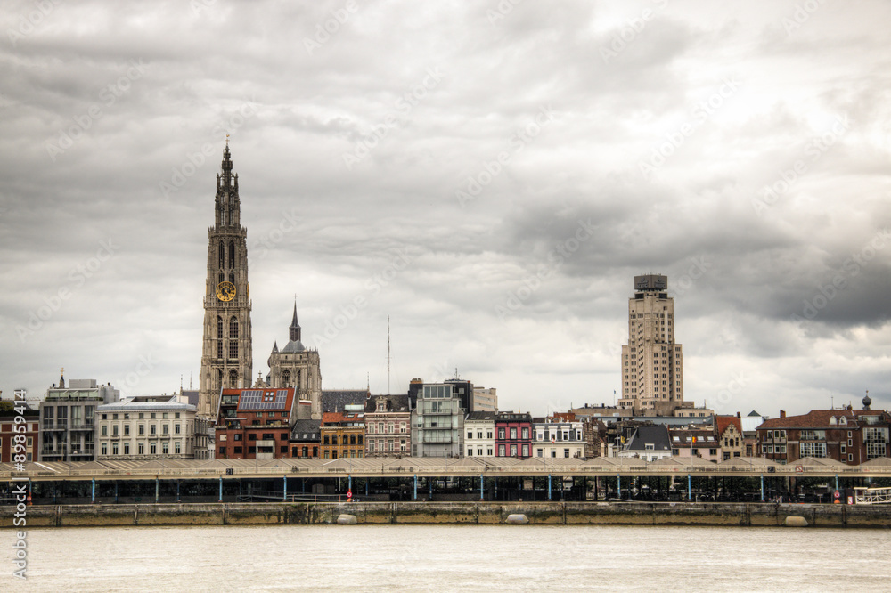 The skyline of Antwerp, Belgium with the Schelde river seen from Linkeroever