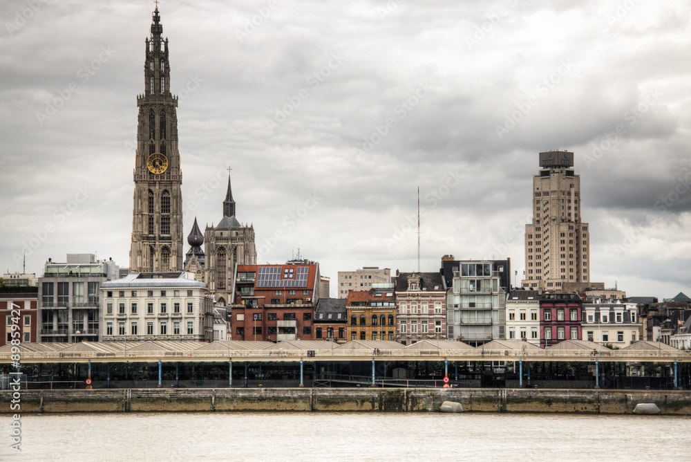The skyline of Antwerp, Belgium with the Schelde river seen from Linkeroever
