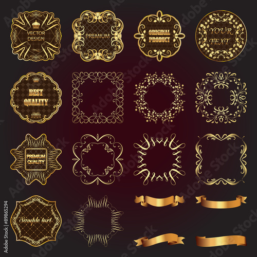 Set of vintage gold design elements-labels, frames, ribbons.