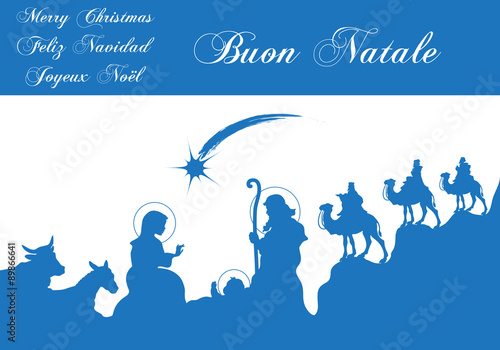 Presepe Stilizzato con Auguri in Varie Lingue