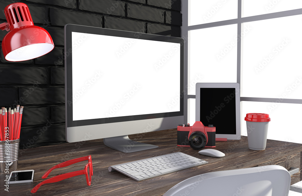 3D illustration PC screen on table in office, Workspace 3D illustration PC screen on table in office, Workspace