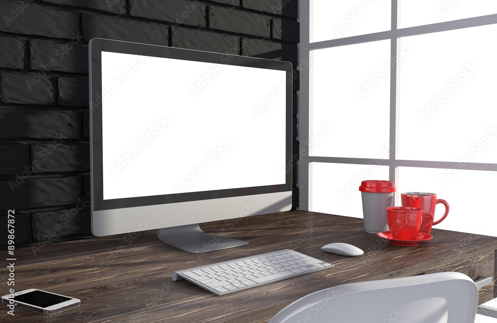 Fototapeta premium 3D illustration PC screen on table in office, Workspace