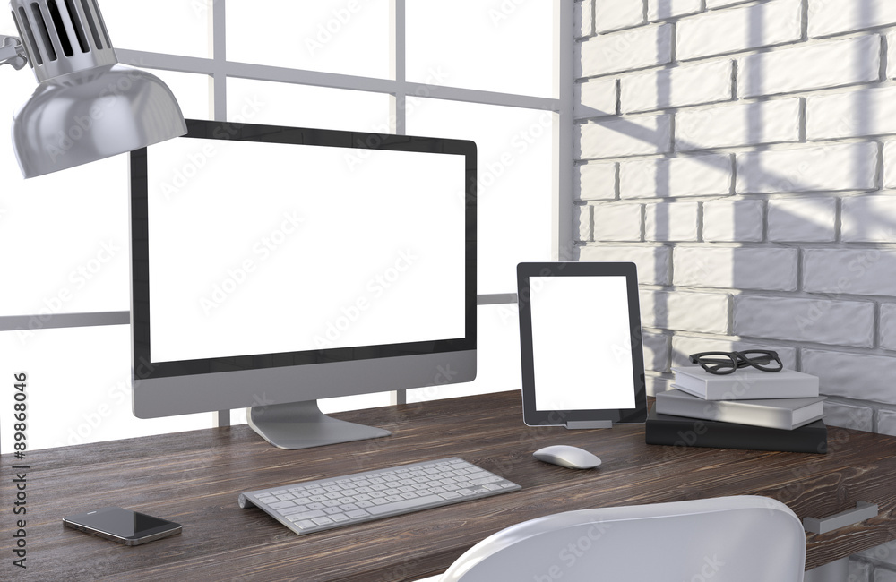 Fototapeta premium 3D illustration PC screen on table in office, Workspace