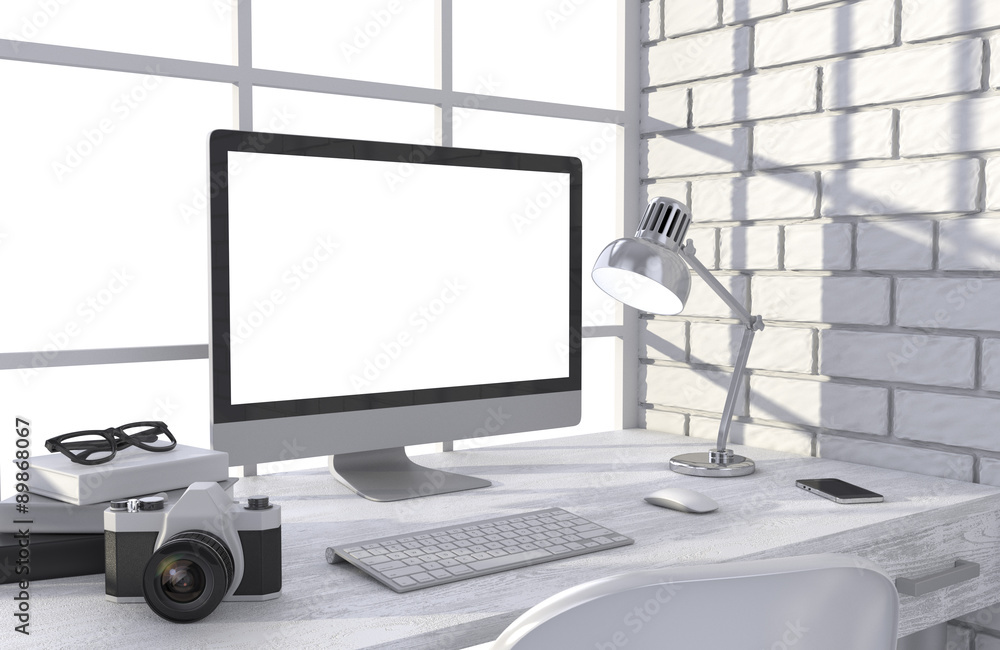 3D illustration PC screen on table in office, Workspace 3D illustration PC screen on table in office, Workspace