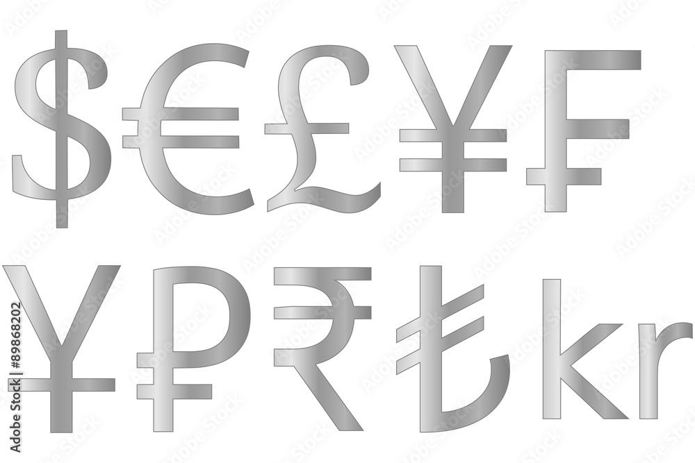 Silver Currencies Symbols Dollar Euro Pound Yen Swiss Franc Yuan Ruble Rupee  Turkish Lira Krone Stock Vector | Adobe Stock