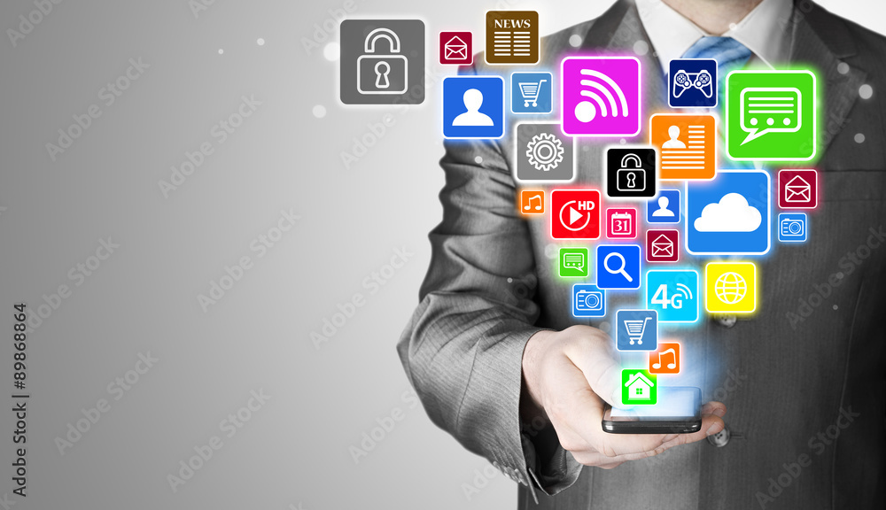 Business man using smart phone with social media icon set Business man using smart phone with social media icon set