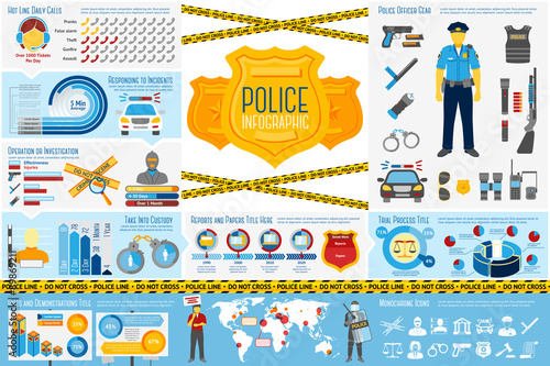 Set of Police work Infographic elements with icons, different