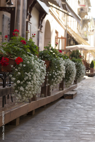 Street decoration cafe with flowers