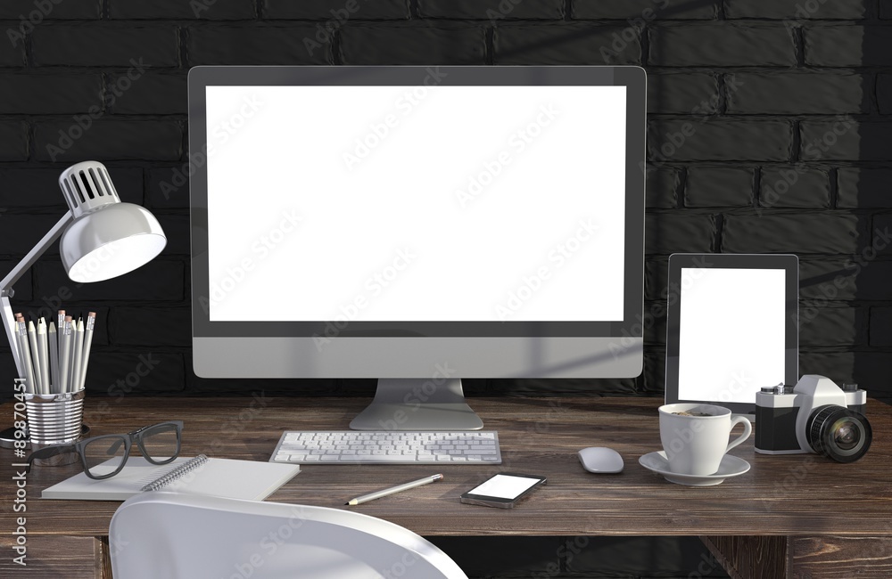 3D illustration PC screen on table in office, Workspace 3D illustration PC screen on table in office, Workspace