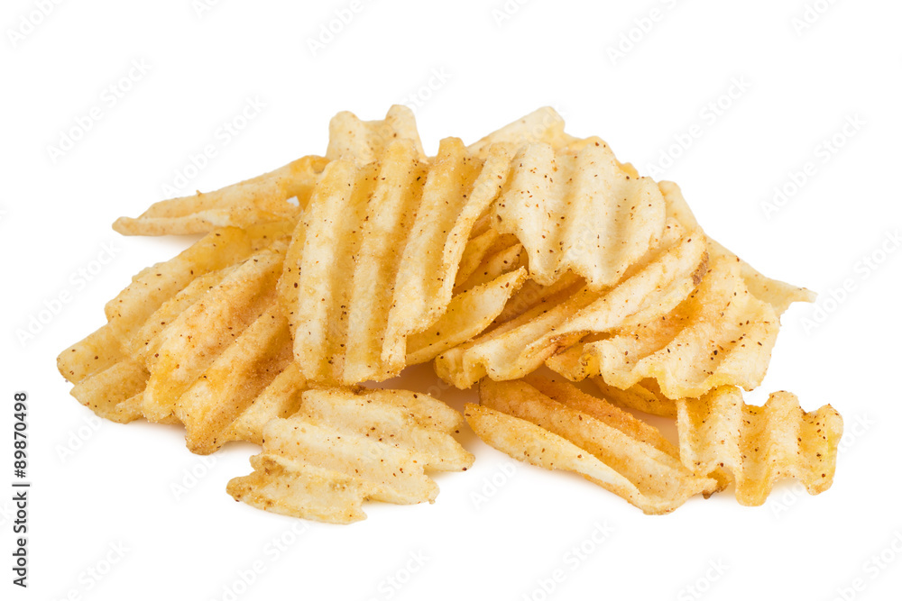 Closeup of heap of potato chips isolated on white background. Closeup of heap of potato chips isolated on white background.