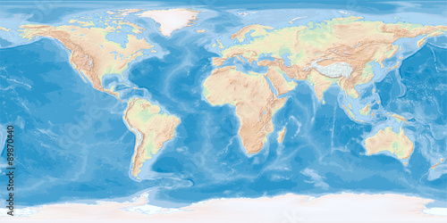 World map in WGS84 projection with hypsometric tints and shaded relief