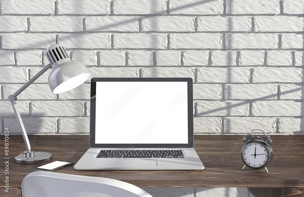 3D illustration laptopand work stuff on table near brick wall 3D illustration laptopand work stuff on table near brick wall