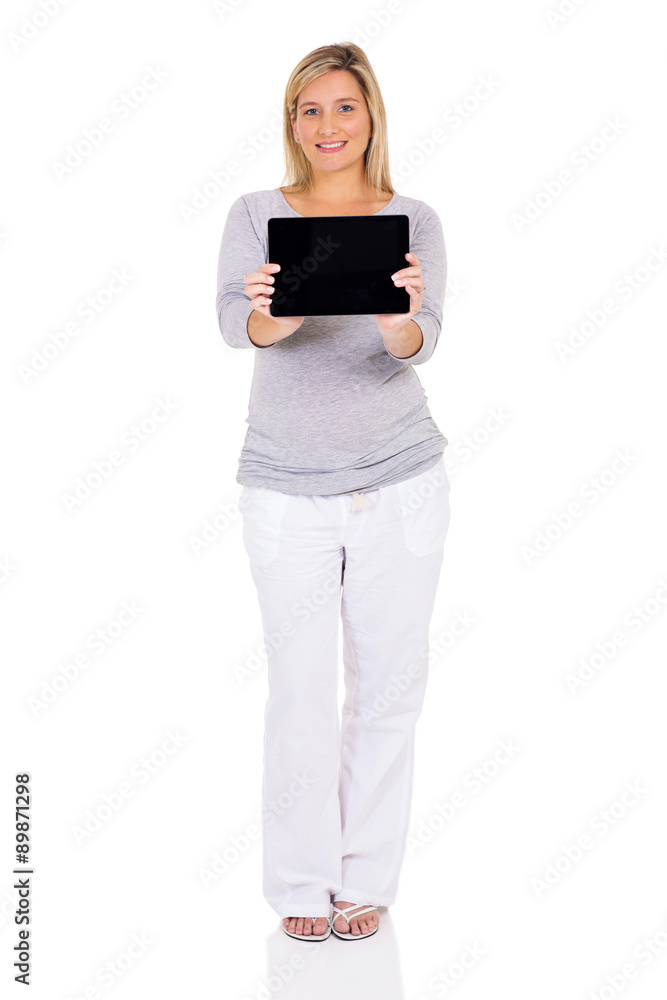 pregnant woman showing tablet computer pregnant woman showing tablet computer