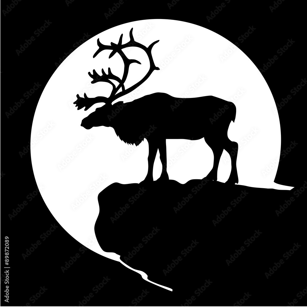 Fototapeta premium Black silhouette of a deer, like the caribou in front of the moon