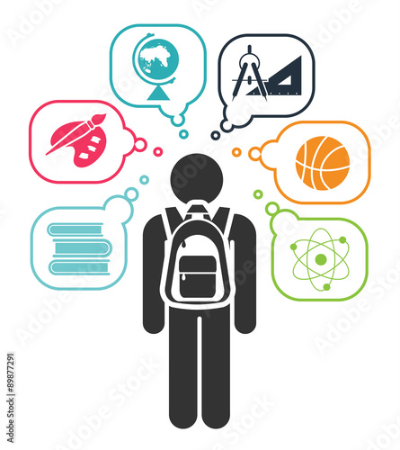 Back to school. Pictogram of a child going to school. Learning different subjects. 