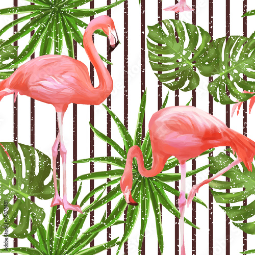 Seamless pattern with flamingo birds and palm leaves