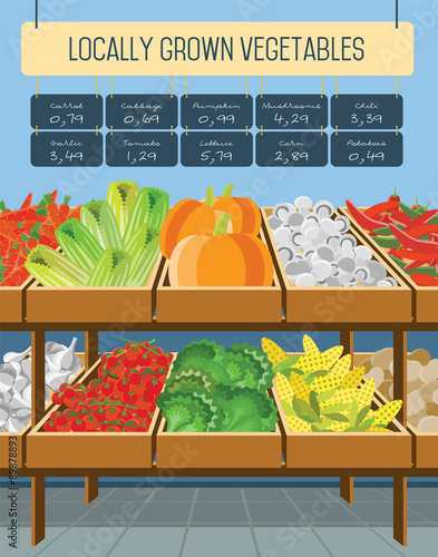 Supermarket shelves of vegetables.