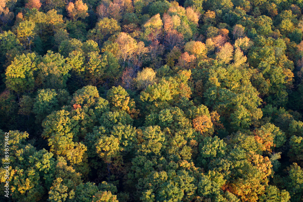 An aerial view of a hot air balloon floating over the Vermont country side .. An aerial view of a hot air balloon floating over the Vermont country side ..