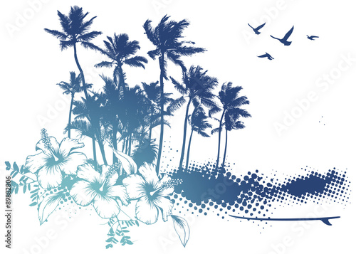 summer scene with palms and hibiscus
