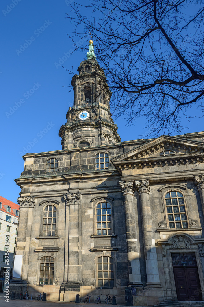 Exterior of Kreuzkirche in Dresden, Saxony, Germany.