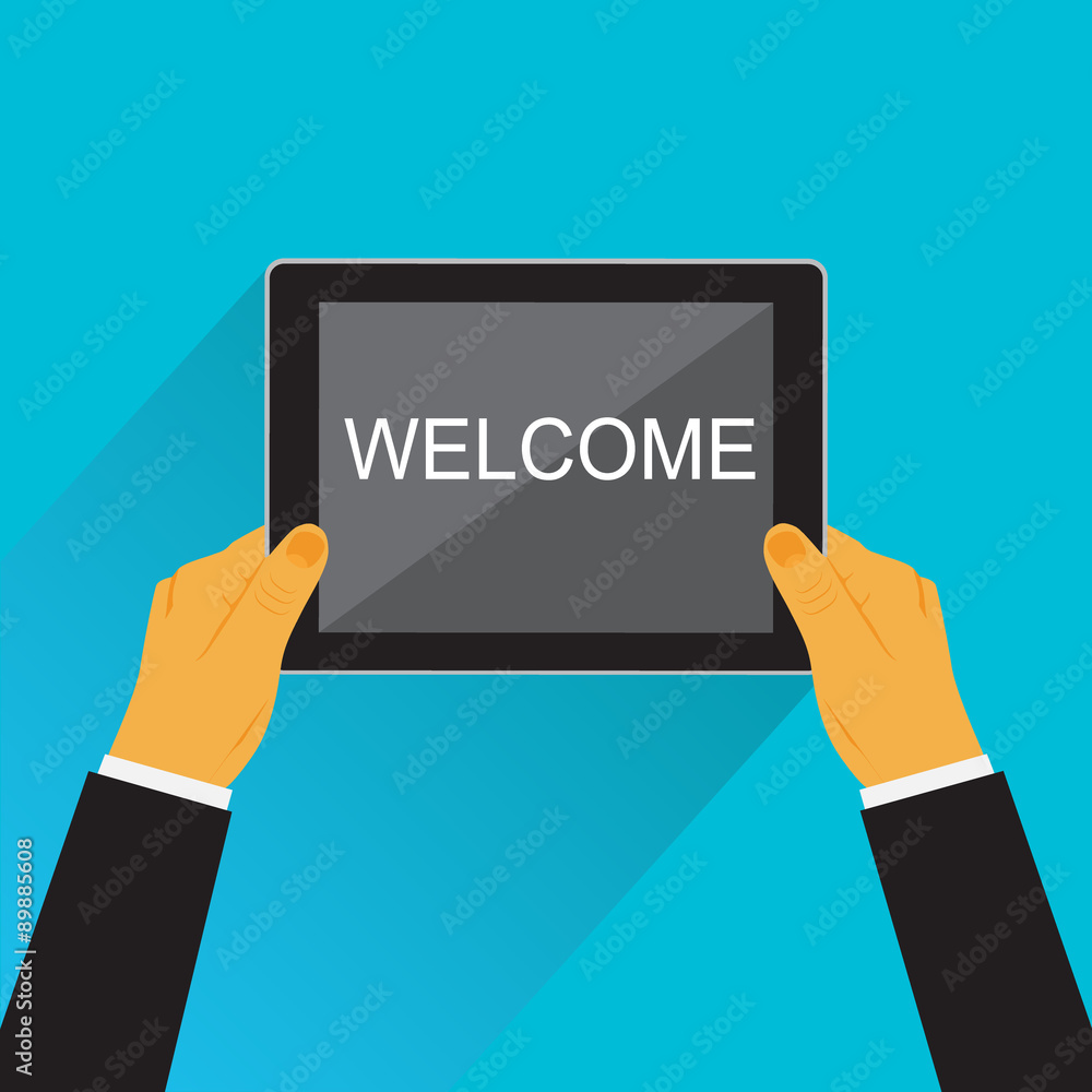 Businessman holding tablet with welcome text, vector illustration in flat design for web sites, Infographic design Businessman holding tablet with welcome text, vector illustration in flat design for web sites, Infographic design