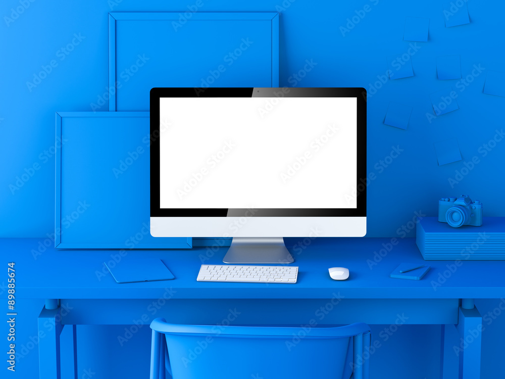 Fototapeta premium Abstract blue modern workspace. 3d rendering