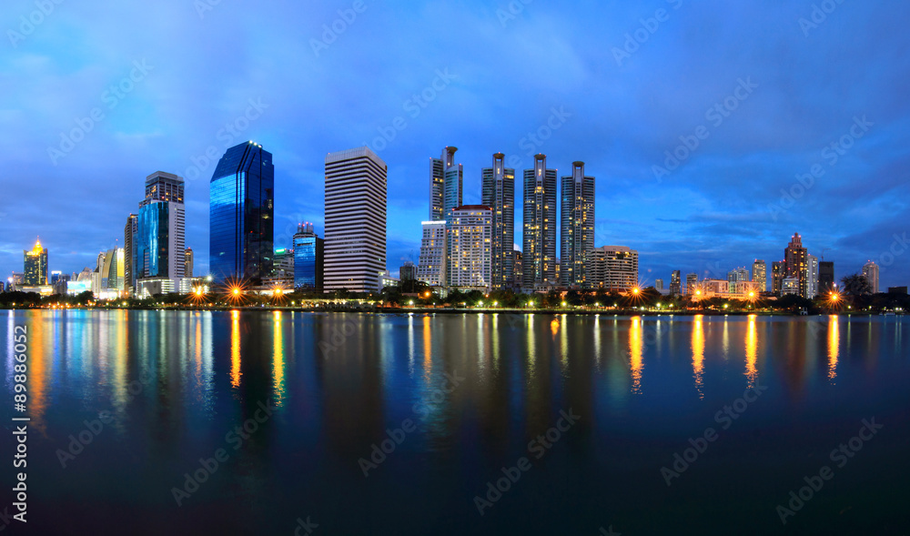 panorama reflection of the city in the lake