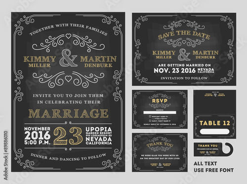 Vintage Chalkboard Wedding Invitations design sets include Invitation card, Save the date card, RSVP card, Thank you card, Table number, Gift tags, Place cards, Save the date door hanger