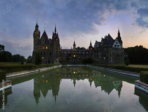 Fabulous castle in Moszna in the night, near Opole, Poland