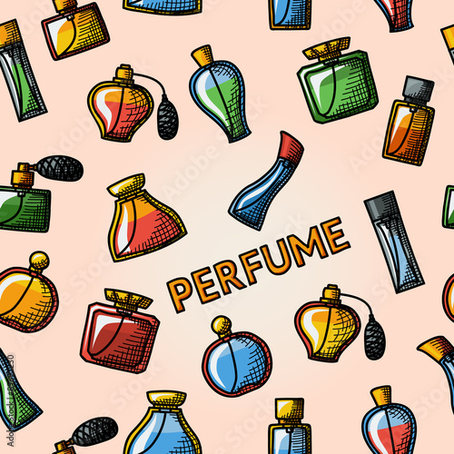 Seamless handdrawn pattern with perfume icons set - different