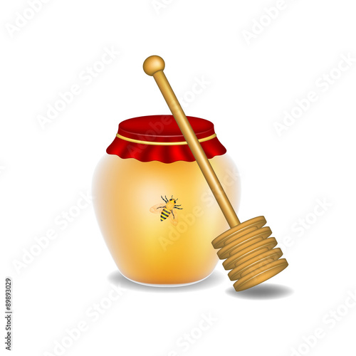 Sweet honey, honey bee and wooden honey dipper