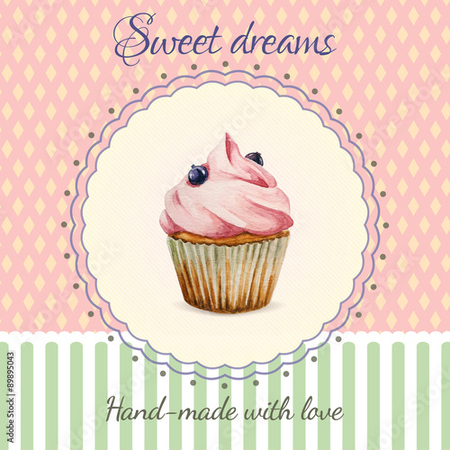 Hand-made desserts flyer template with watercolor cupcake