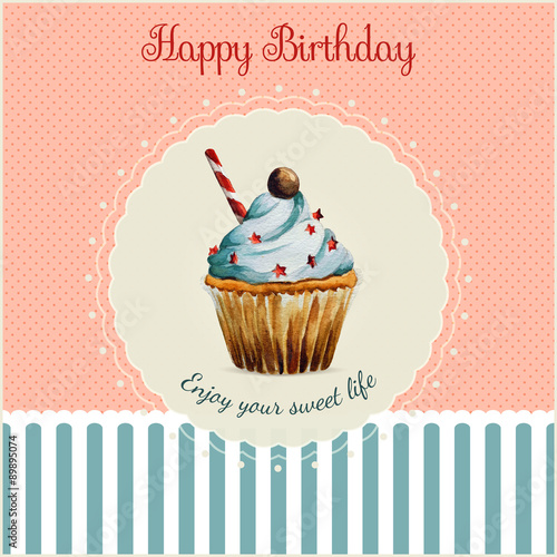 Birthday greeting card template with watercolor cupcake