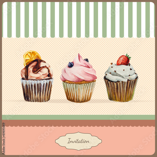 Invitation template with watercolor cupcakes illustration