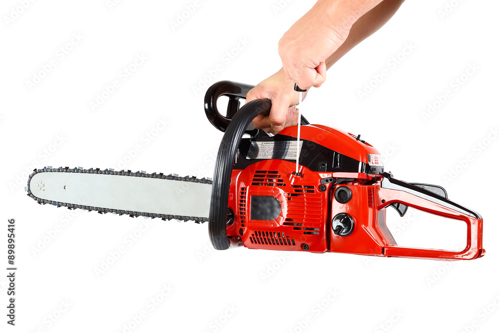 Naklejka premium Chainsaw in hand on white background.