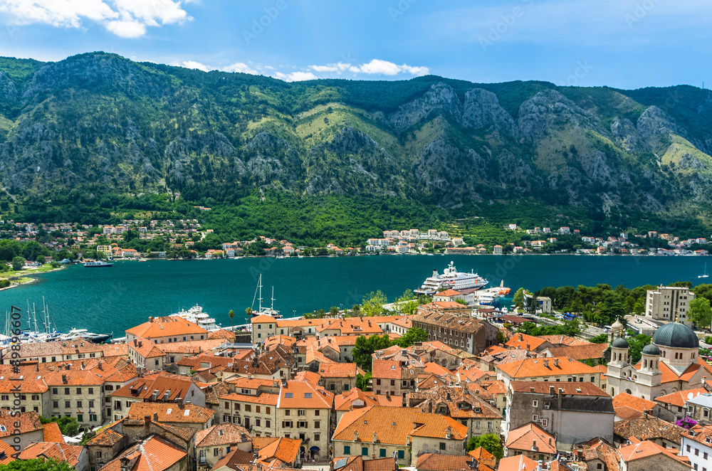 Top view on Kotor city and bay