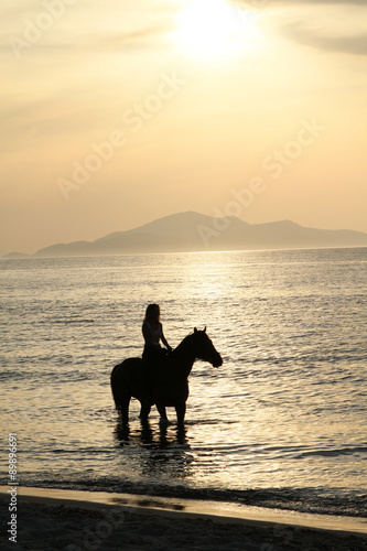 The woman on a horse and a gold sunset