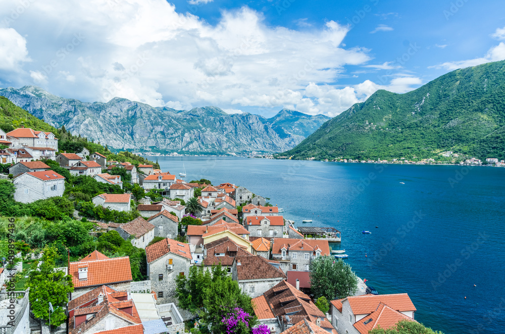 Top view on Perast city and Kotor bay