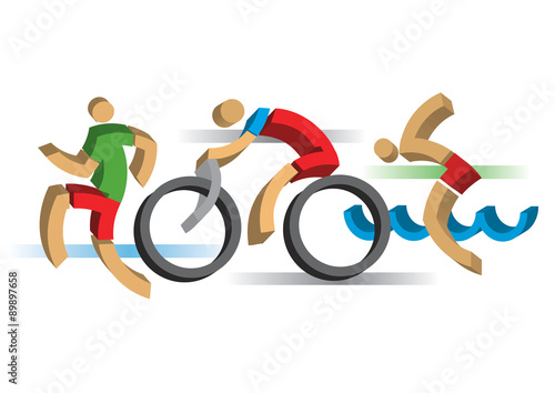  3D design stylized Triathlon athletes.
Three 3D design stylized  athletes symbolizing triathlon, swimming, running and cycling. Vector available.
