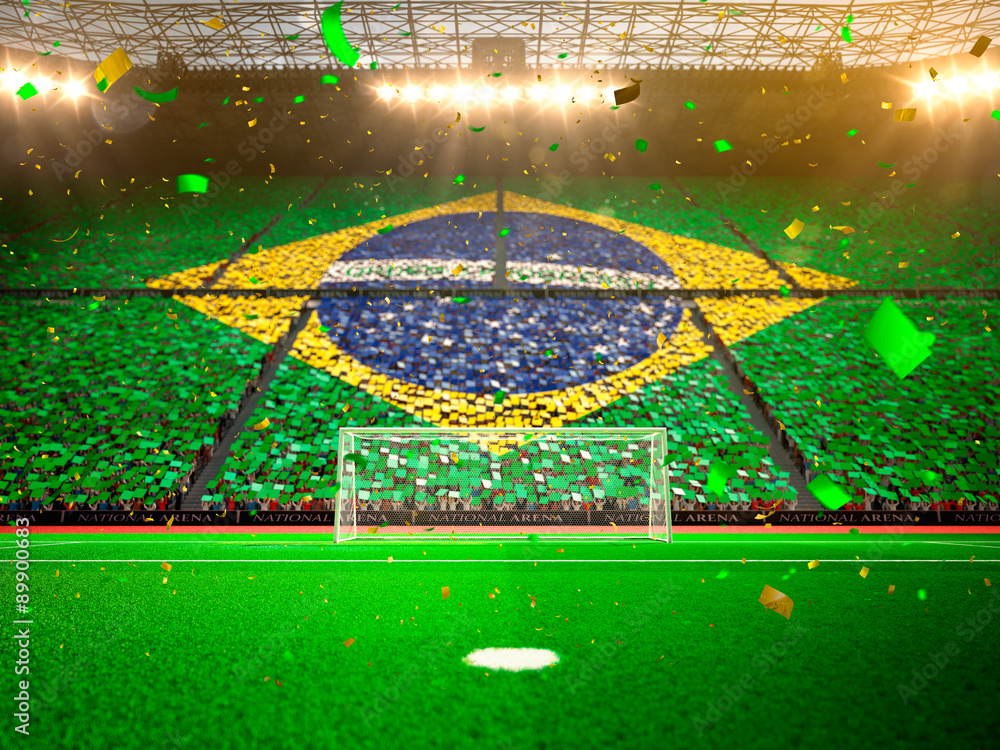 Fototapeta premium Flag brazil of fans! Evening stadium arena soccer field championship win! Confetti and tinsel 