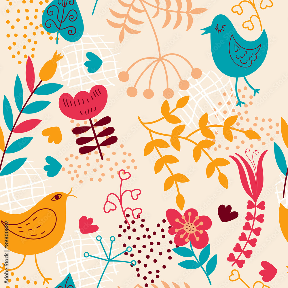 Seamless pattern with  birds and flowers