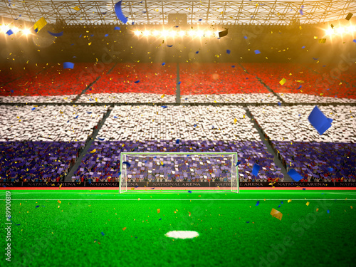 Flag Netherlands  of fans! Evening stadium arena soccer field championship win! Confetti and tinsel   © Anna Stakhiv