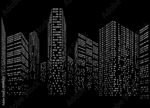 Binary code in form of futuristic city skyline