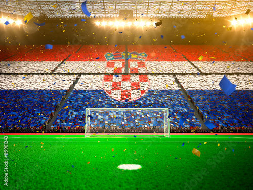 Flag Croatia of fans! Evening stadium arena soccer field championship win! Confetti and tinsel   © Anna Stakhiv