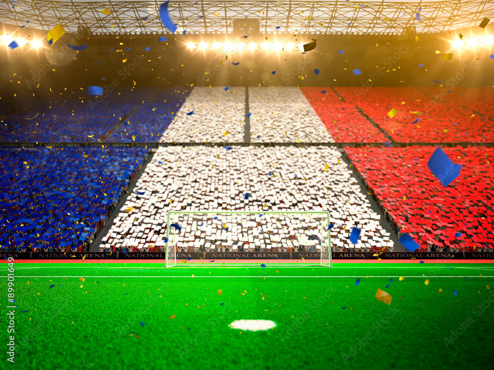 Fototapeta premium Flag france of fans! Evening stadium arena soccer field championship win! Confetti and tinsel 