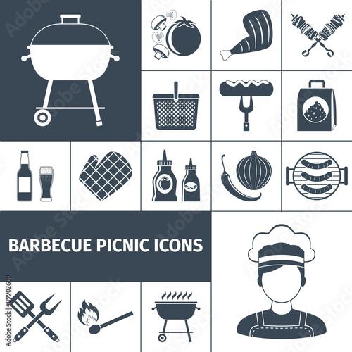 Barbecue picnic black icons set