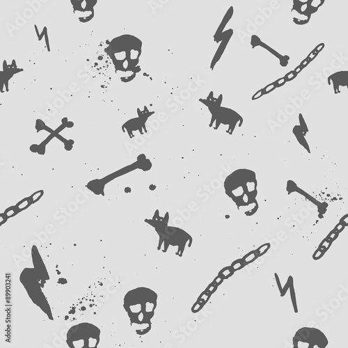 Vector dark seamless pattern with skull, bones and ugly dog for