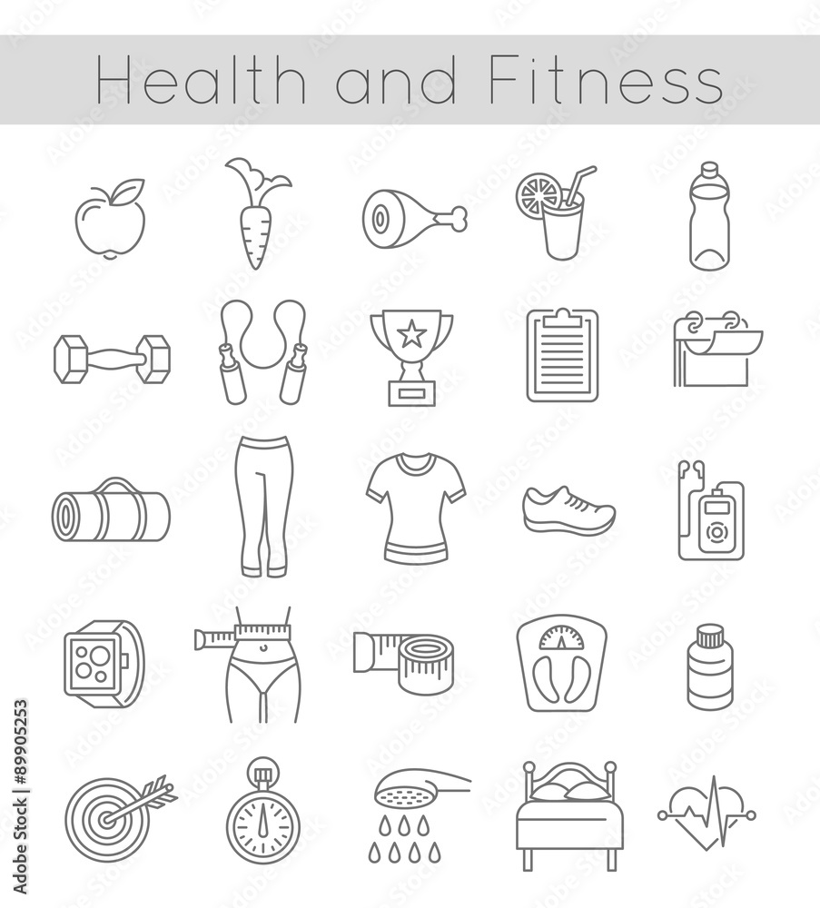 Modern flat linear vector icons of healthy lifestyle, fitness and physical activity. Diet, exercising in a gym, training equipment and clothing. Thin line wellness icons for website, apps, advertising Modern flat linear vector icons of healthy lifestyle, fitness and physical activity. Diet, exercising in a gym, training equipment and clothing. Thin line wellness icons for website, apps, advertising