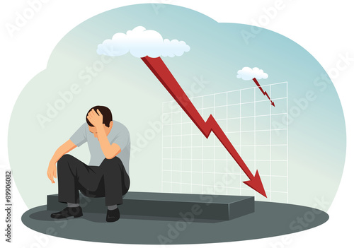 Desperate businessman is sitting on the ground. A lightning bolt as a falling graph on the background.