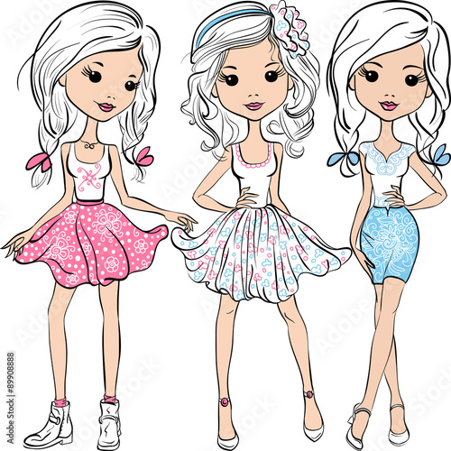 Vector set fashion cute happy girls